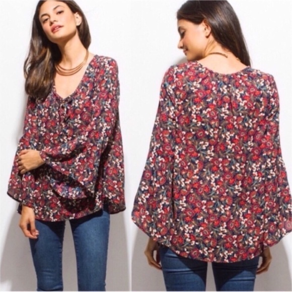 Floral Bell Sleeve Lace Up Blouse - Picture 2 of 3